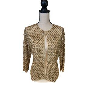 Vintage Laughlin NYC Gold Beaded Silk Jacket Womens Size 8 Formal